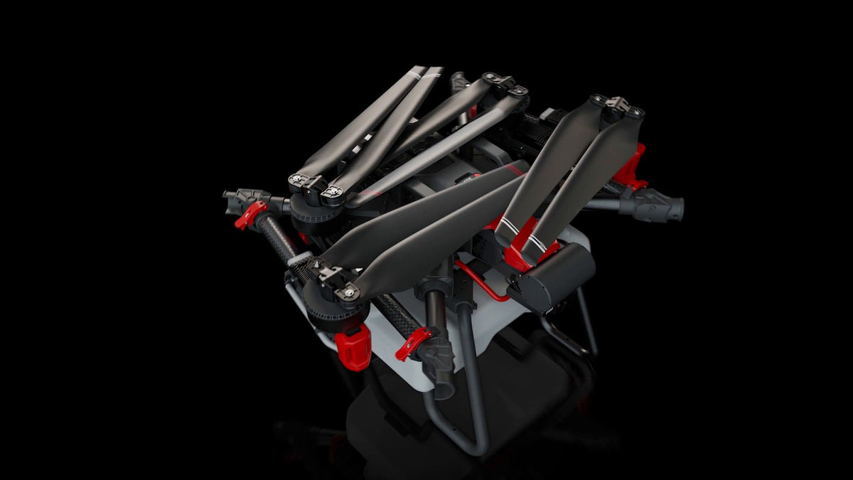 Drone agrícola XAG P100 Pro dobrado, pronto para transporte