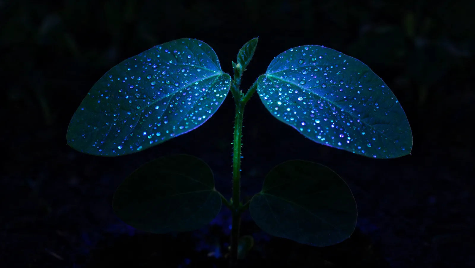 Planta de soja no escuro sob luz negra: as folhas superiores cobertas de gotas fluorescentes azuis e as inferiores sem nenhuma