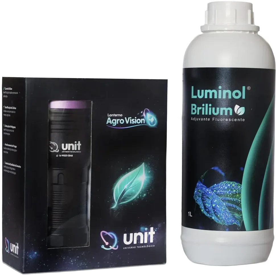 Kit do Luminol Brilium: a caixa da lanterna UV Agro Vision ao lado do frasco de 1 litro
